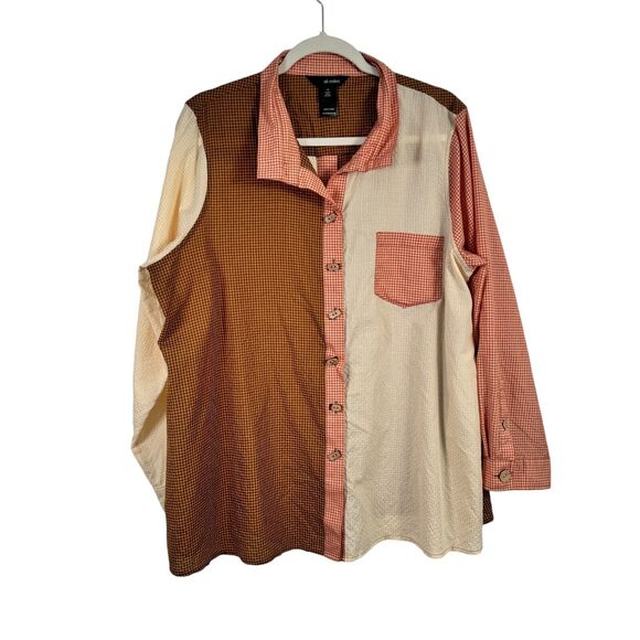 Ali Miles Brown Plaid Long Sleeve Button Down Shirt Boho Colorblock Womens 1x - Picture 1 of 6